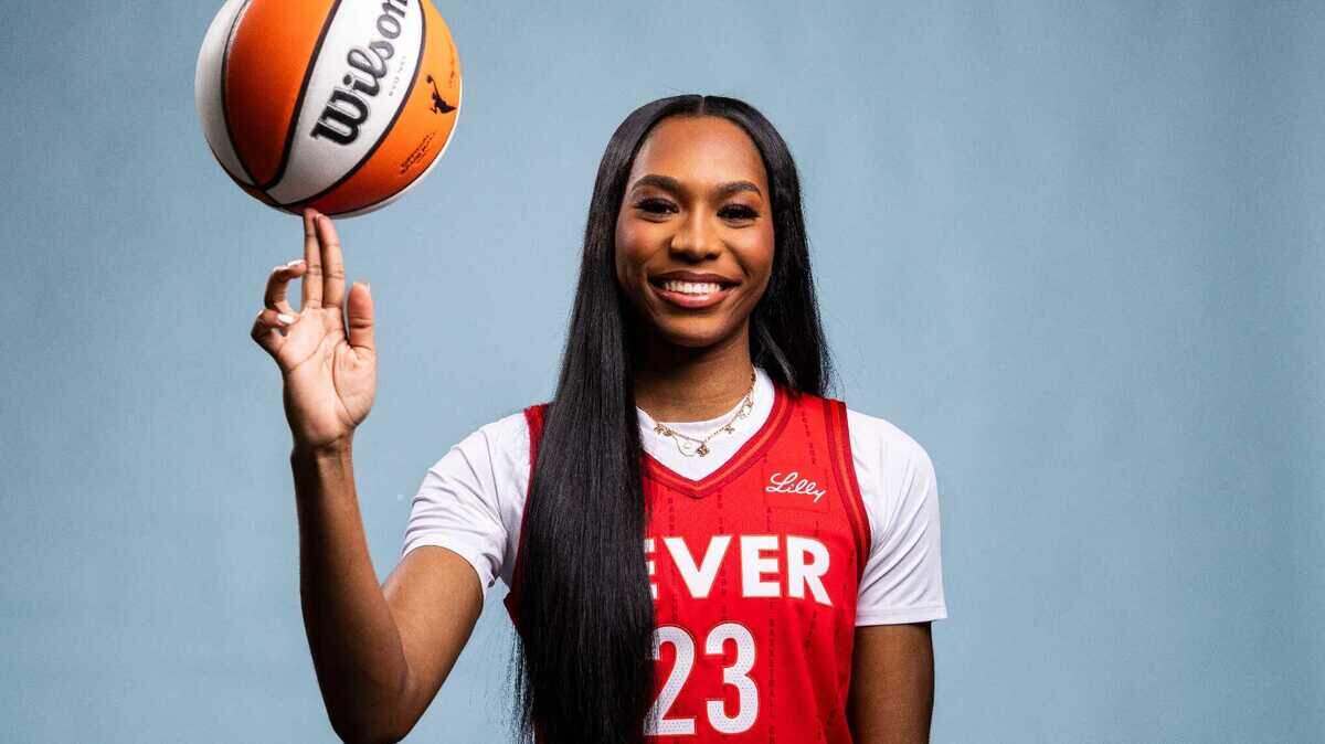 Indiana Fever guard Bree Hall poses for a photo Wednesday, April 30, 2025, during the Indiana Fever media day at Gainbridge Fieldhouse in Indianapolis.