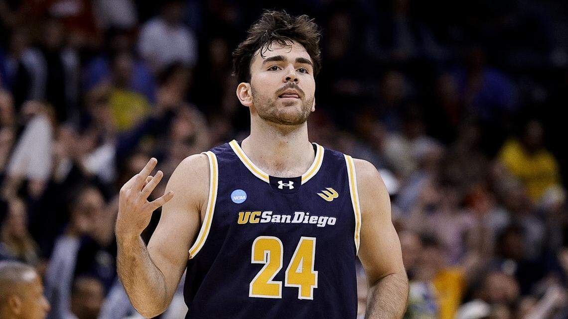 UC San Diego Tritons forward Nordin Kapic (24) reacts after making a three-point basket during the second half against the Michigan Wolverines at Ball Arena.