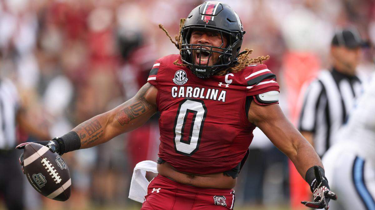 South Carolina linebacker Debo Williams (0) celebrates a turnover during the first half of the Gamecocks’ season opener against Old Dominion in Columbia on Saturday, August 31, 2024.


