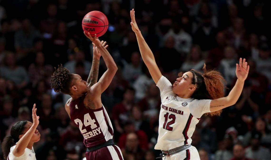 South Carolina’s Brea Beal (12) pressures Mississippi State’s Jordan Danberry (24) during the first half of action in the SEC Championship game at the Bon Secours Wellness Arena in Greenville in March 2020.