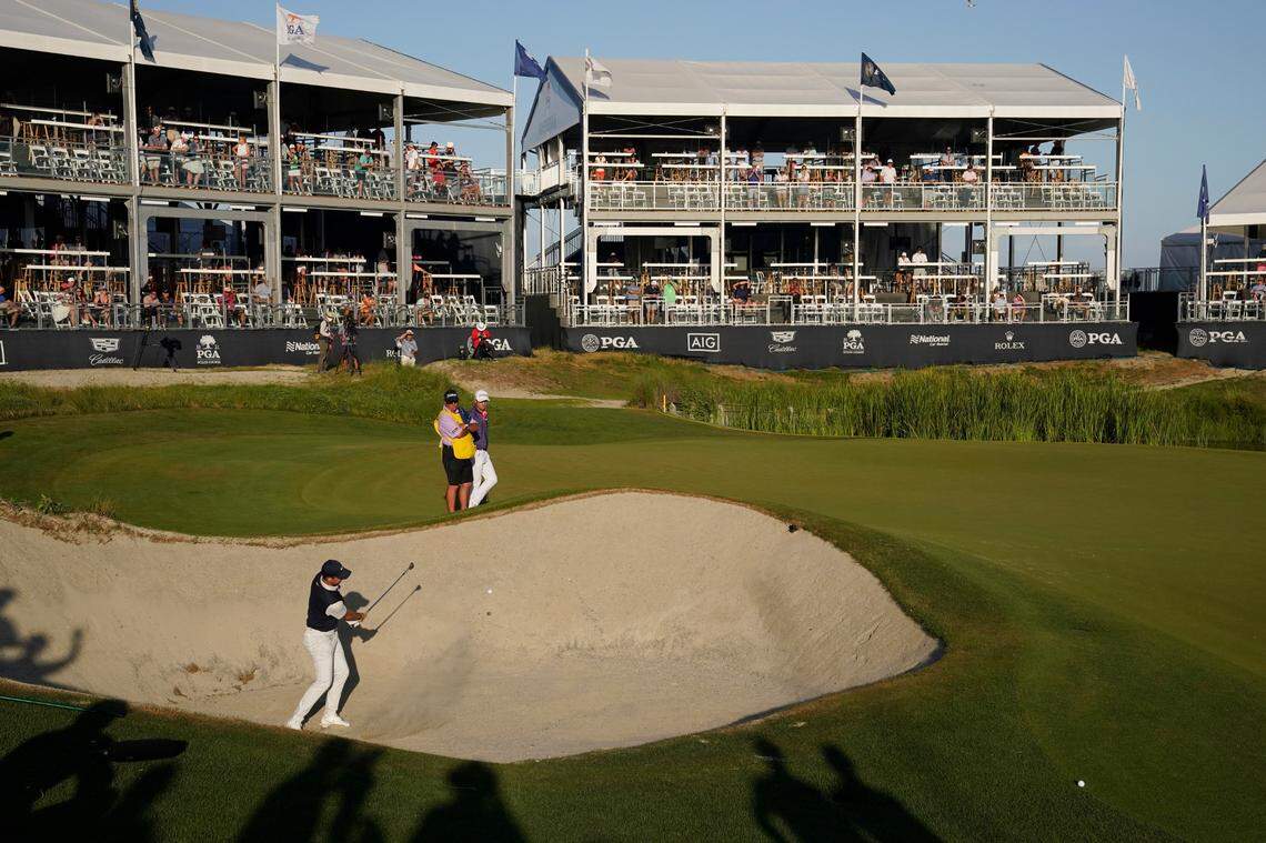 Rory McIlroy hits his second shot on the 17th hole Friday during the second round of the PGA Championship golf tournament on the Ocean Course.