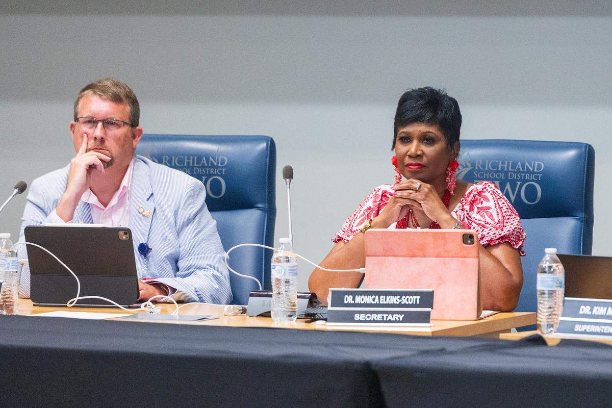 The Richland School District Two school board secretary Dr. Monica Elkins-Scott listens during a board meeting on Tuesday, August 26, 2025.