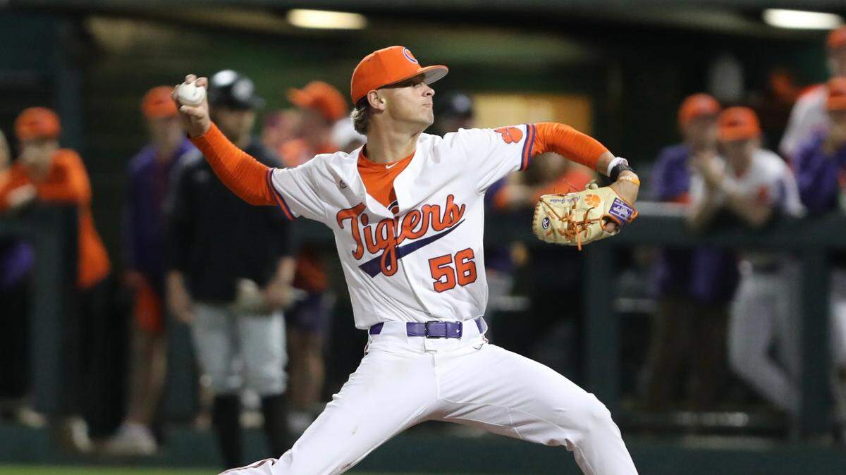 Clemson’s Austin Gordon pitches against South Carolina during Friday’s game at Doug Kingsmore Stadium.
