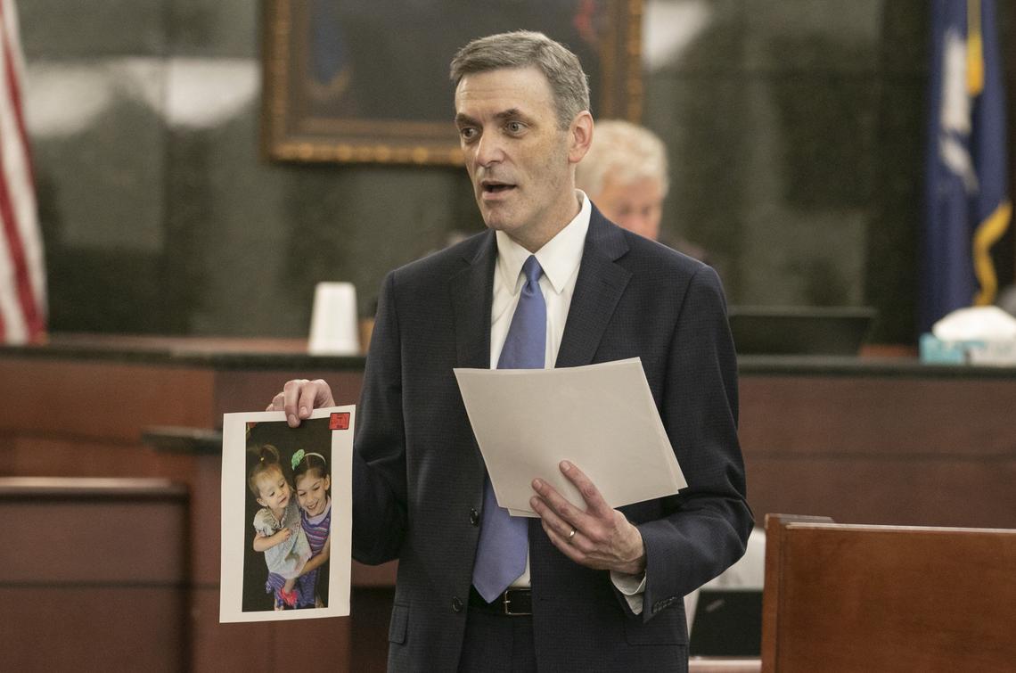 11th Circuit Solicitor Rick Hubbard delivers closing arguments, showing pictures of the Jones children, pushing for the death penalty, during the sentencing phase of the trial of Tim Jones in Lexington. Timothy Jones, Jr. was found guilty of killing his 5 young children in 2014. 6/13/19