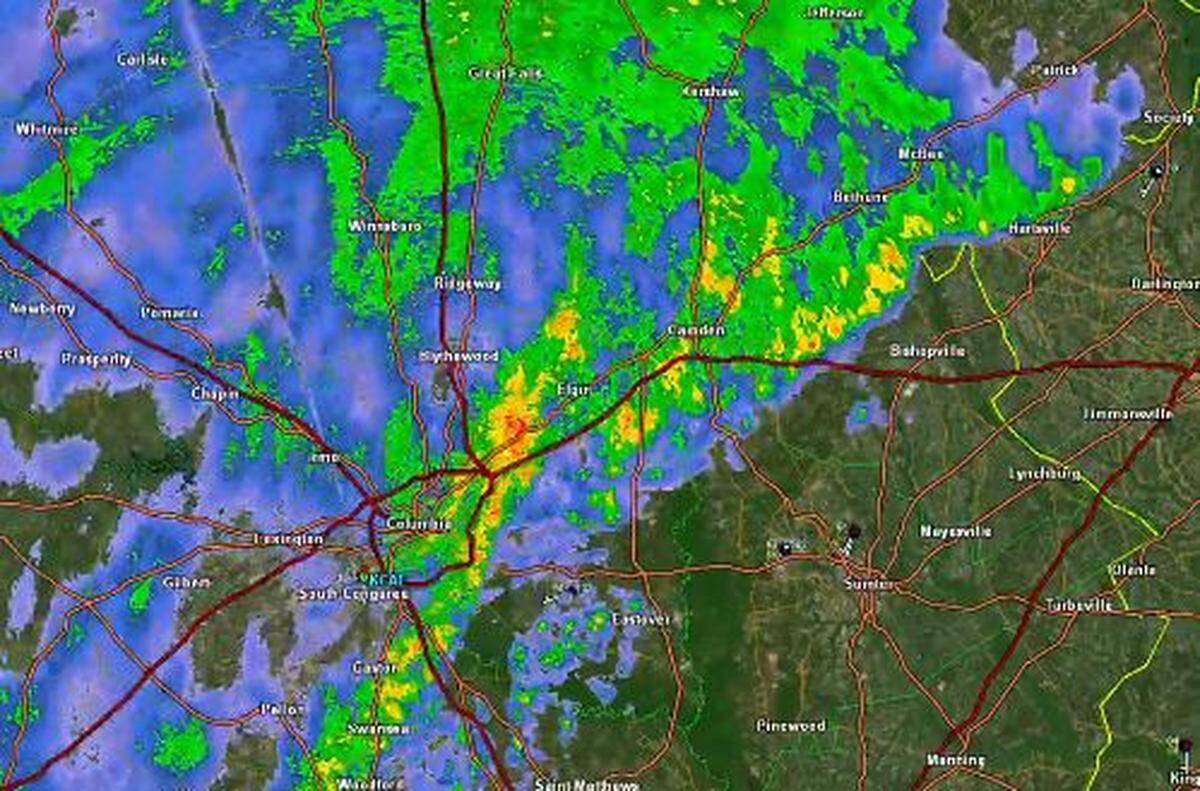 The forecast shows powerful storms rolling through South Carolina and the Midlands