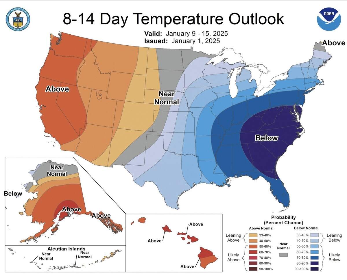 A map illustrating temperature changes across the U.S. over the next week.