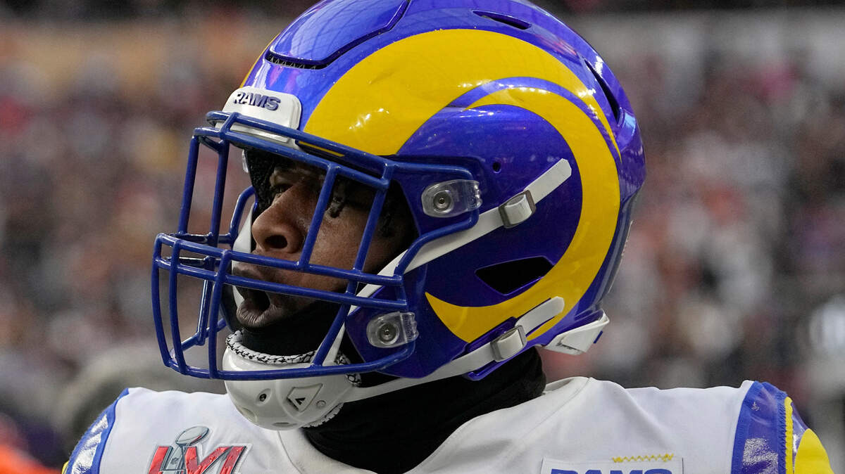 Los Angeles Rams inside linebacker Ernest Jones celebrates after a defensive play against the Cincinnati Bengals during the first half of the NFL Super Bowl 56 football game Sunday, Feb. 13, 2022, in Inglewood, Calif. (AP Photo/Mark J. Terrill)