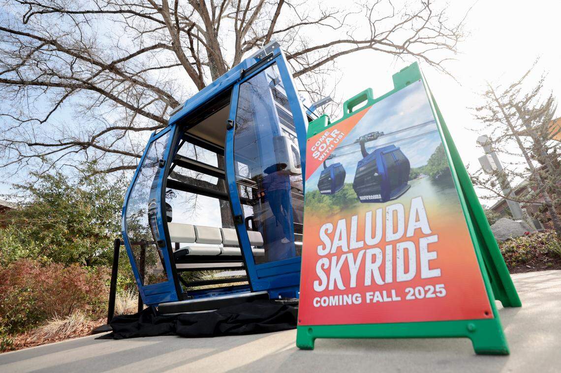 The Saluda Skyride will carry passenger across the Saluda River between the Riverbanks Zoo and the botanical gardens. One of the 19 aerial gondola cars is on display at Riverbanks Zoo.