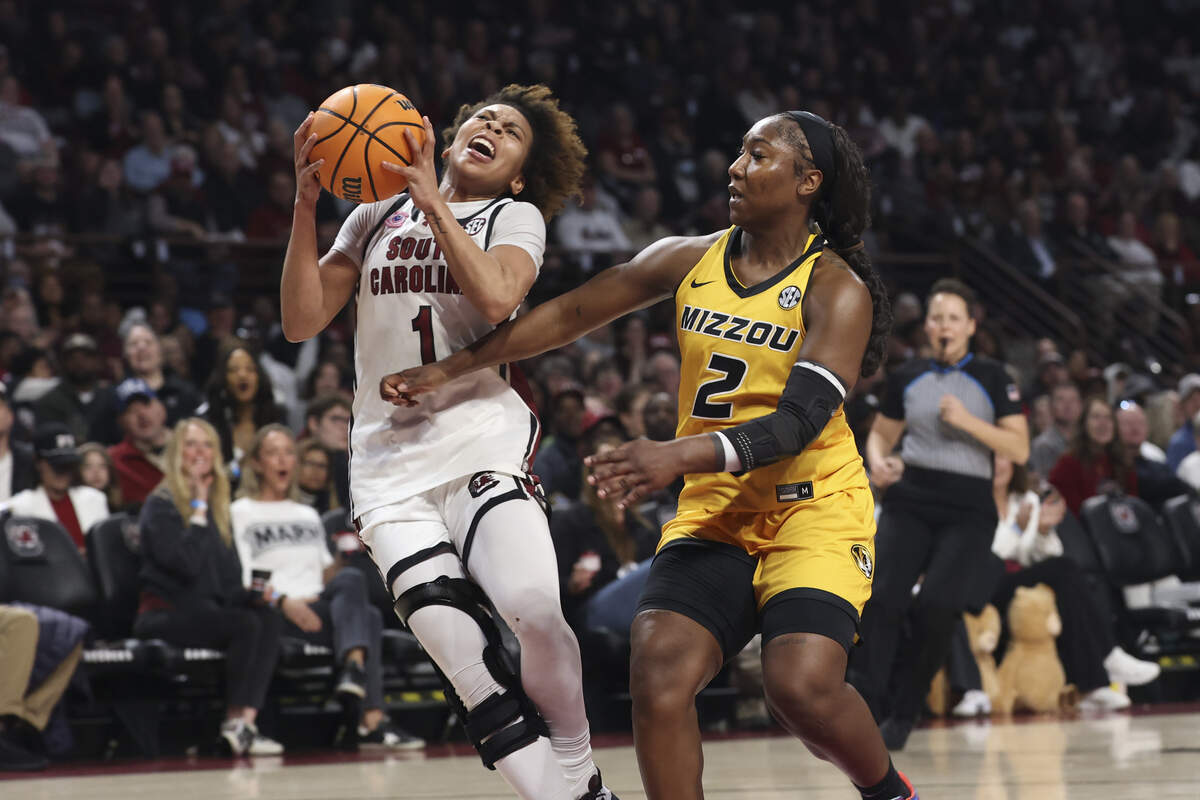 South Carolina's Maddy McDaniel (1) is fouled by Missouri’s Saniah Tyler (2) during the first half of action of their women's basketball game against Clemson at Colonial Life Arena on Thursday, Feb. 26, 2026.