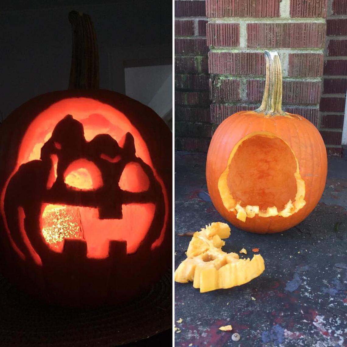 A before-and-after view of Tim Bettis’ jack-o’-lantern, which lasted less than 24 hours before being destroyed by Rosewood’s face-eating zombie squirrels.