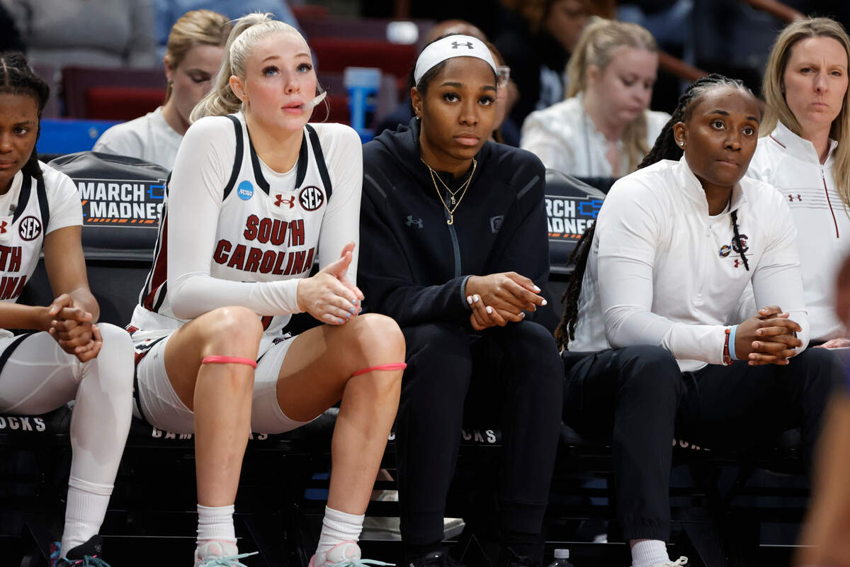 South Carolina’s Bree Hall (23) sits on the bench as the Gamecocks play Presbyterian in the first round of the NCAA Tournament at the Colonial Life Arena in Columbia, SC, on Friday, March. 22, 2024