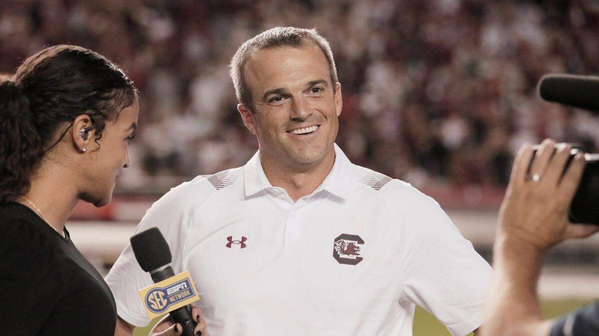 South Carolina Gamecocks head coach Shane Beamer is interviewed after defeating Vanderbilt at Williams-Brice Stadium on Saturday, October 16, 2021.