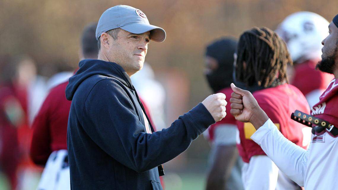 South Carolina’s Shane Beamer during Monday’s bowl practice at Charlotte Christian School.