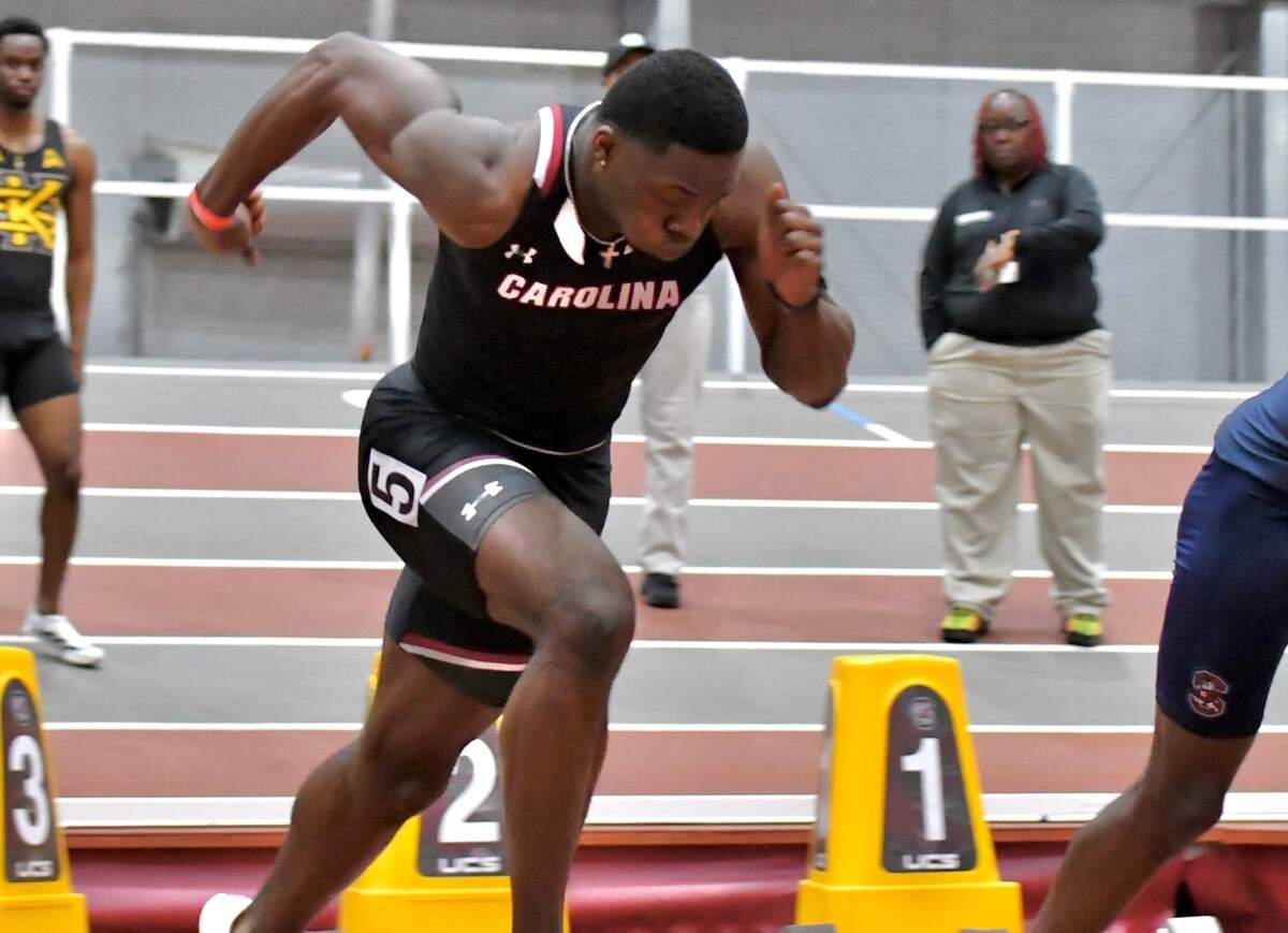 South Carolina’s Nyck Harbor bursts out of the blocks in the 60m dash.