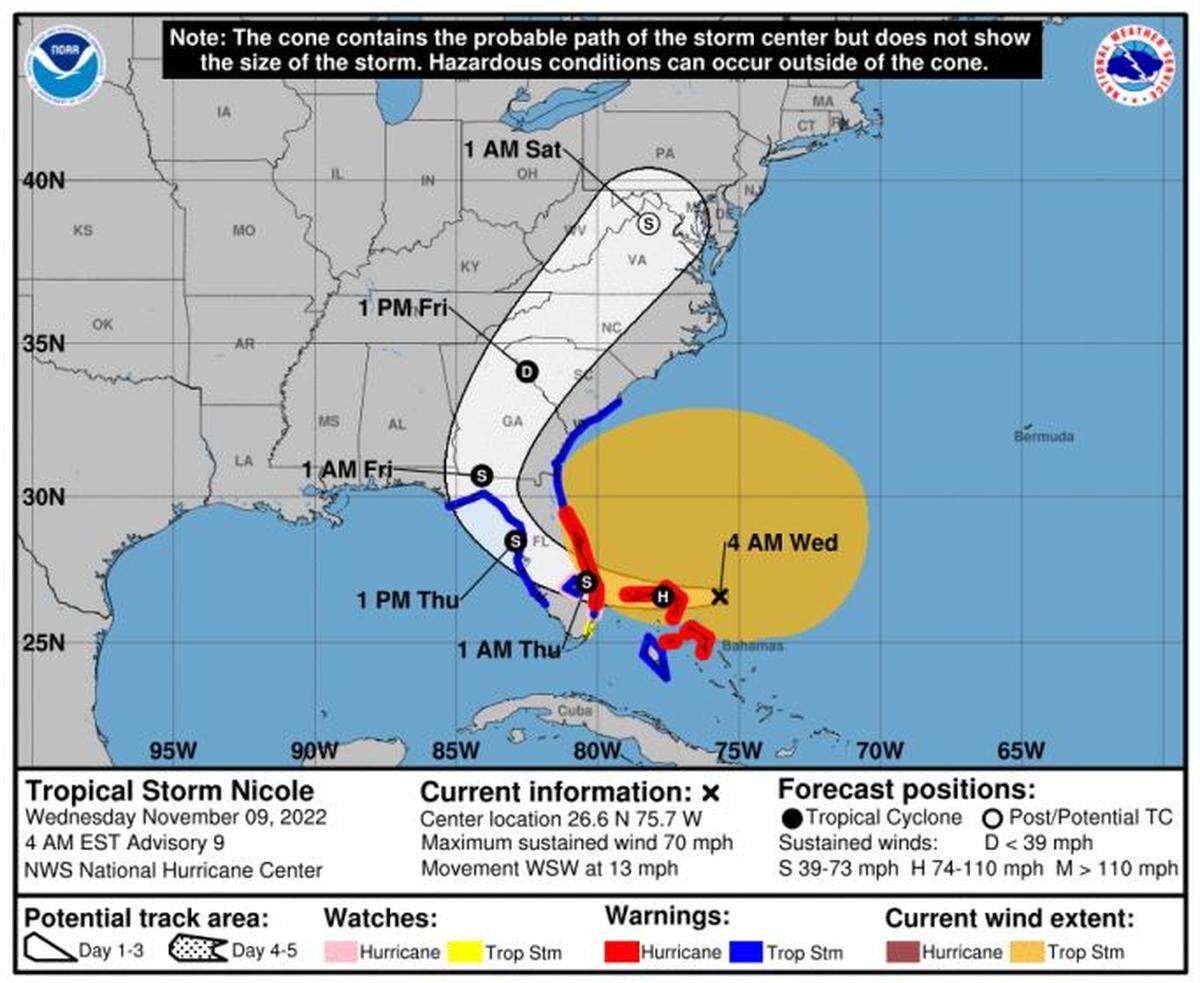 The forecast for Tropical Storm Nicole.