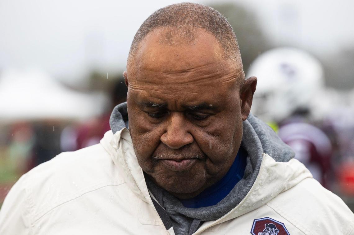 Coach Buddy Pough leads South Carolina State during the game against Morgan State on Saturday, November 11, 2023. This is the longtime head football last home game as coach.