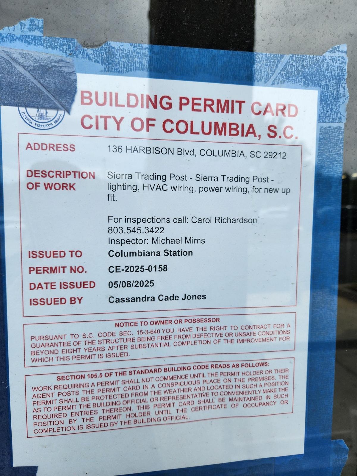 A city of Columbia building permit in the window at 136 Harbison Blvd. indicates a Sierra Trading Post location is coming to the address.