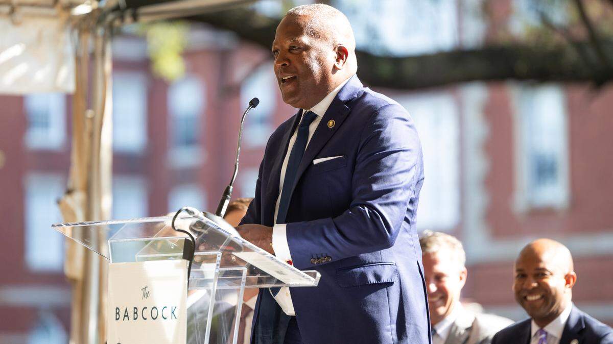 Former Columbia, South Carolina Mayor Steve Benjamin speaks during a ceremony at the Babcock Building on Wednesday, August 9, 2023. Benjamin now directs the Office of Public Engagement at the White House.