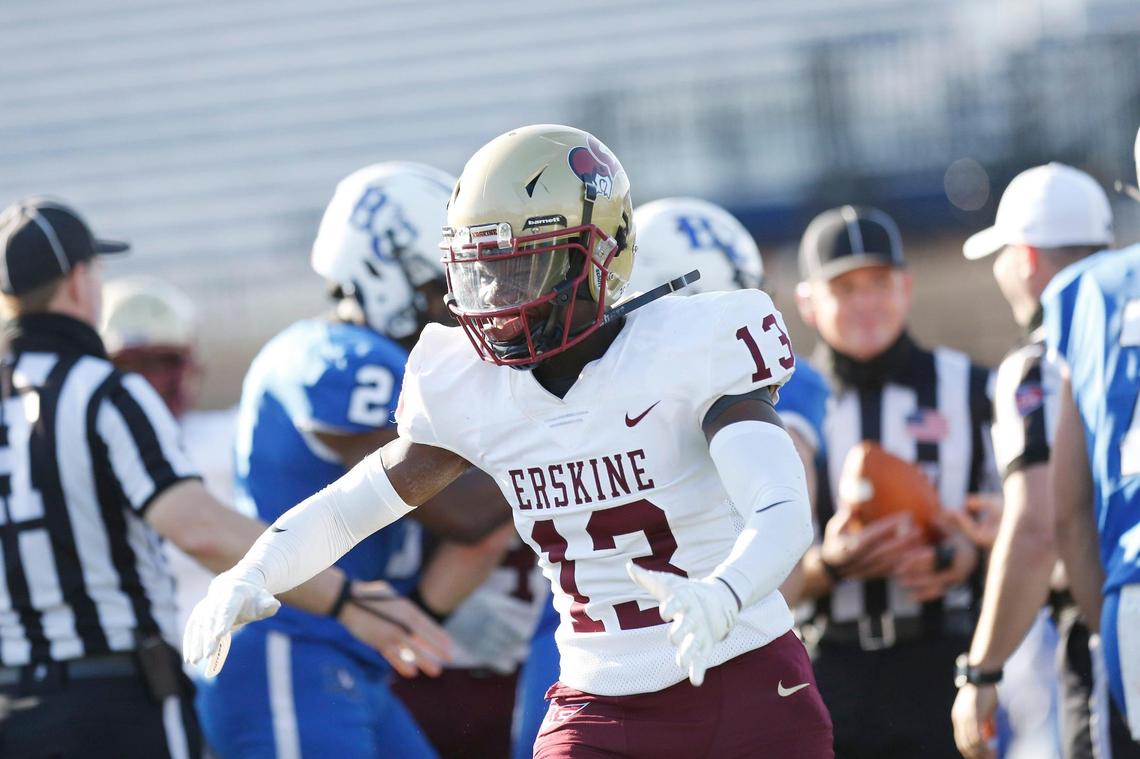 Erskine defensive back Jamal Barron (13) reacts after recovering a fumble in the third quarter Saturday.