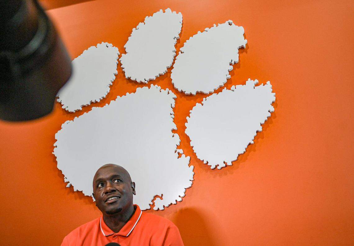 Clemson defensive tackles Coordinator Nick Eason speaks during the Clemson football Media Outing & Open House at the Allen N. Reeves Football Complex in Clemson, S.C. Tuesday, July 16, 2024.