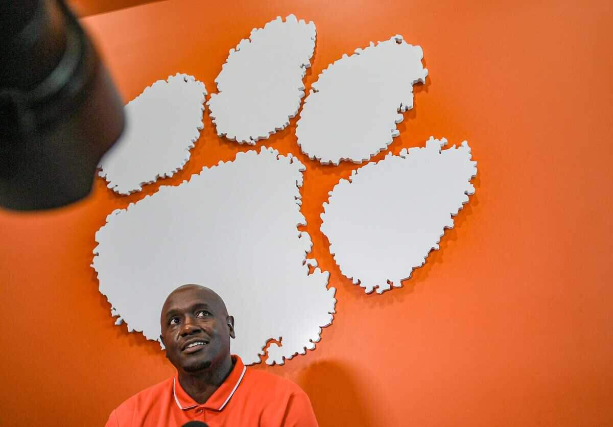 Clemson defensive tackles Coordinator Nick Eason speaks during the Clemson football Media Outing & Open House at the Allen N. Reeves Football Complex in Clemson, S.C. Tuesday, July 16, 2024.
