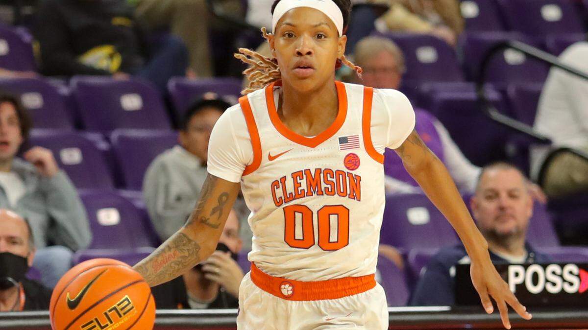 Clemson guard Delicia Washington brings the ball up the court during the Tigers’ 2021 season opener against USC Upstate on Wednesday, November 10, 2021, at Littlejohn Coliseum in Clemson, South Carolina.