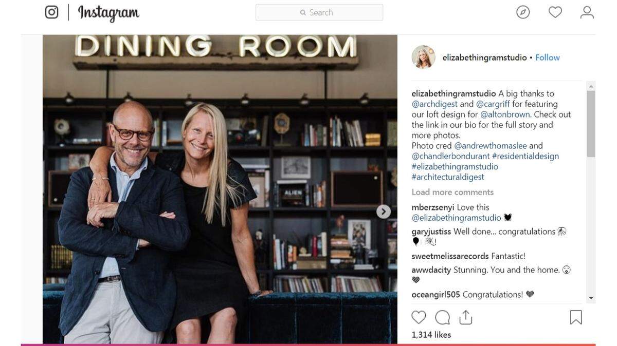This screenshot shows Food network star Alton Brown, left, with Elizabeth Ingram. The couple were married in Charleston last weekend.