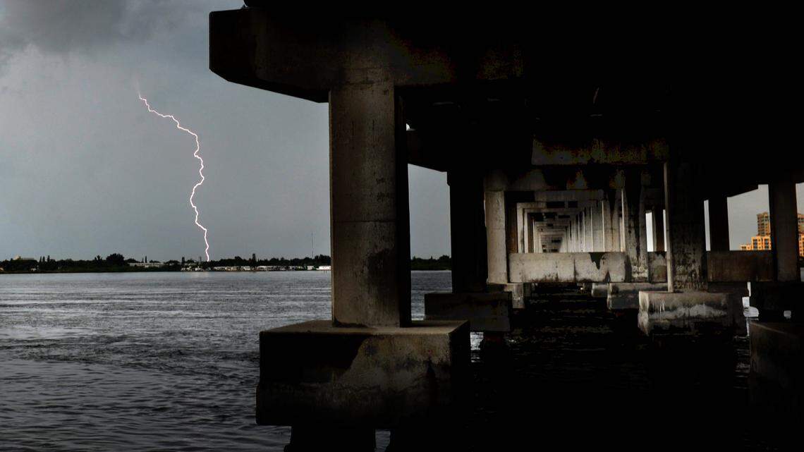 This file photo shows a lightning bolt strike.