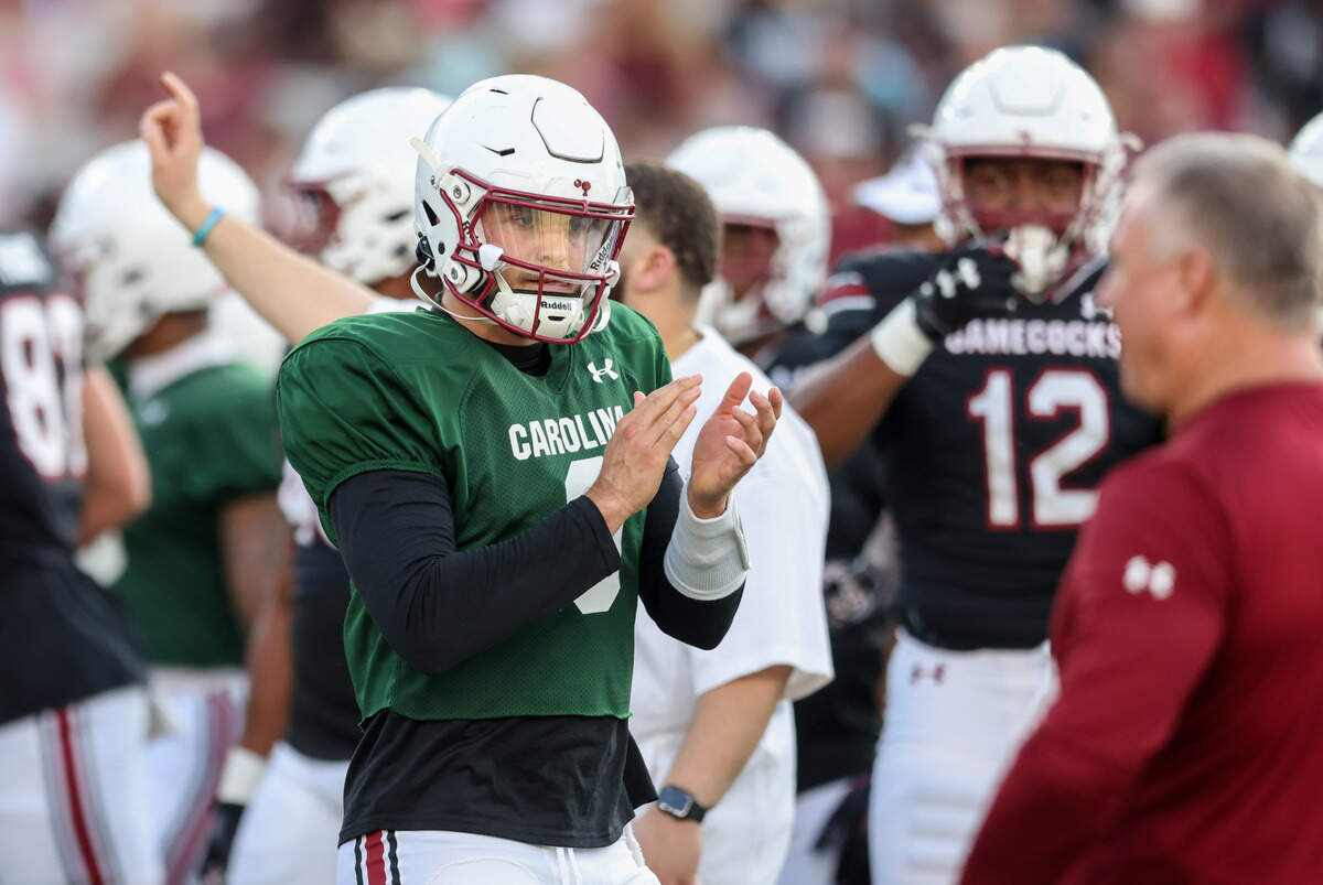 South Carolina Luke Doty (9) claps while warming up for the Garnet and Black Spring Game in Columbia on Friday, April 18, 2025.