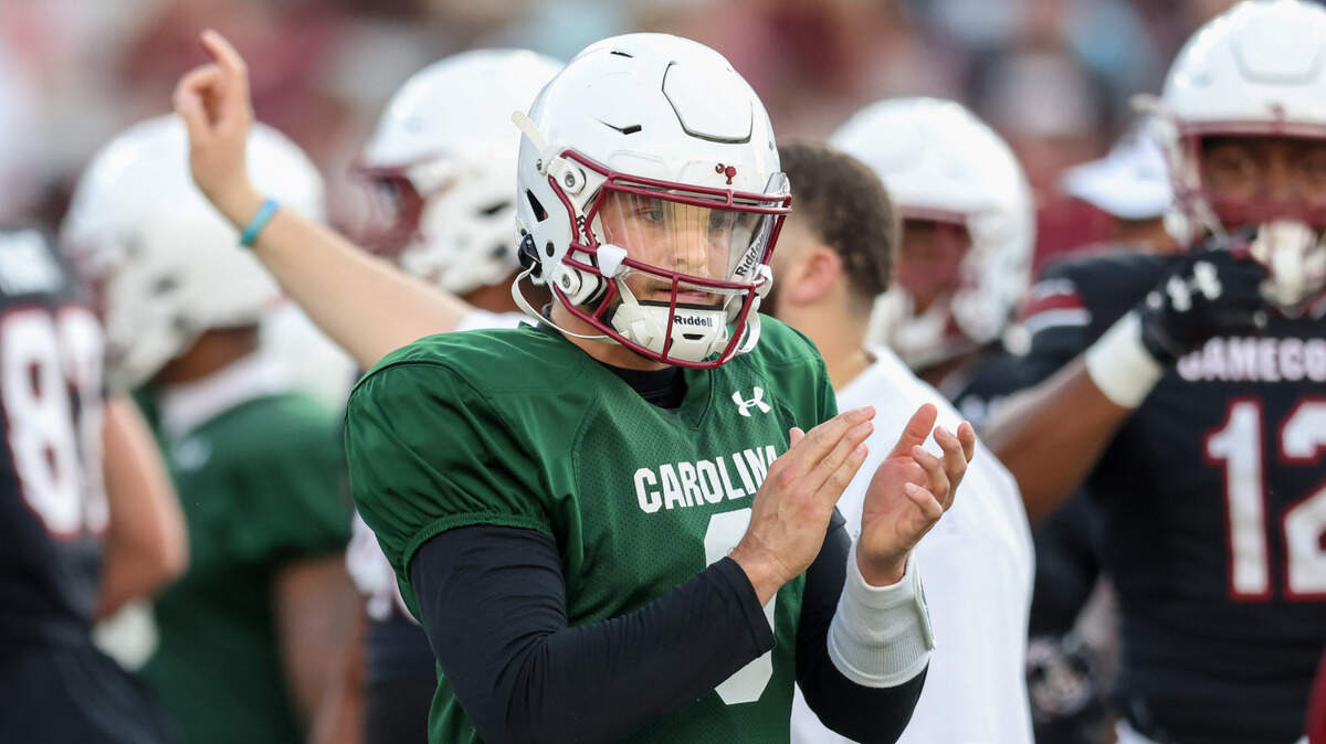 South Carolina Luke Doty (9) claps while warming up for the Garnet and Black Spring Game in Columbia on Friday, April 18, 2025.