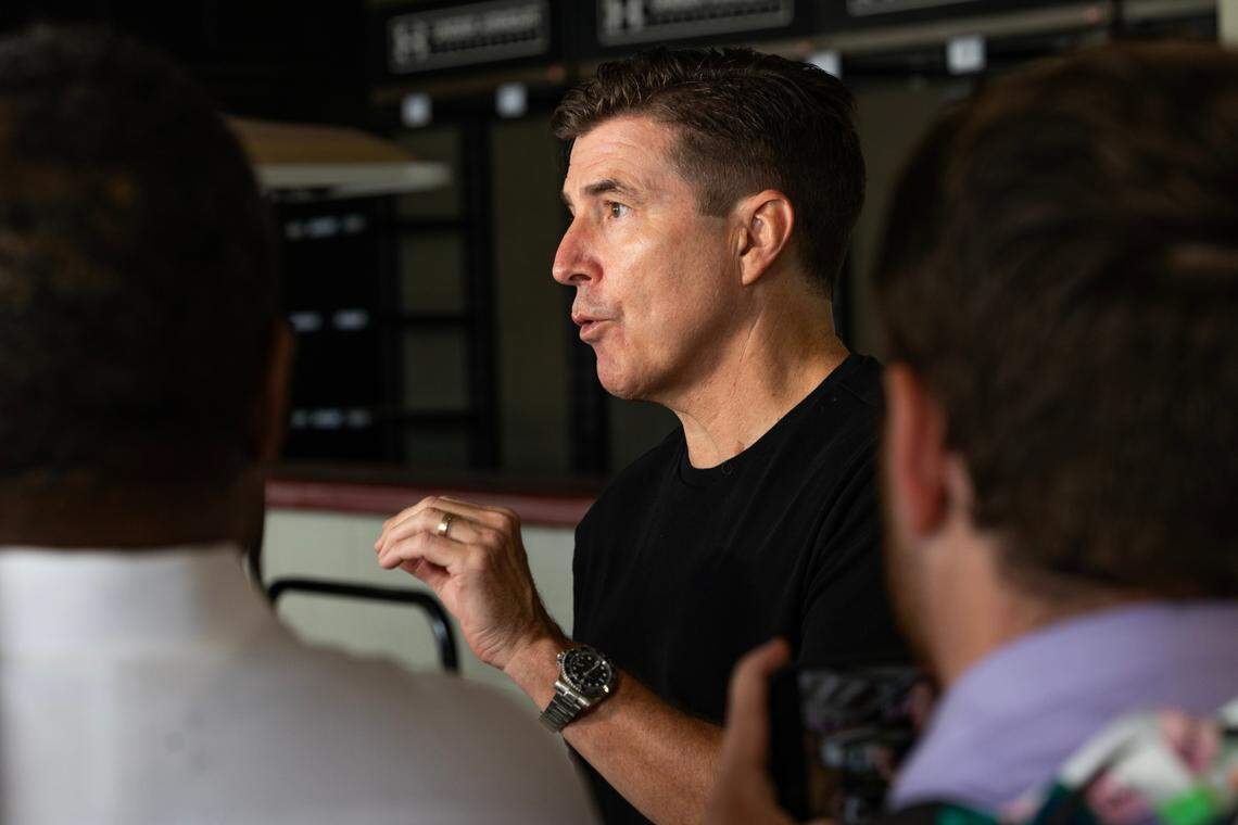 ESPN’s College GameDay’s Reese Davis speaks with local reporters at the University of South Carolina’s Williams-Brice Stadium on Friday, September 13, 2024. He says that while he thinks of other schools when people say “Carolina” or “USC,” the Gamecocks and fans have an opportunity to change that Saturday. 