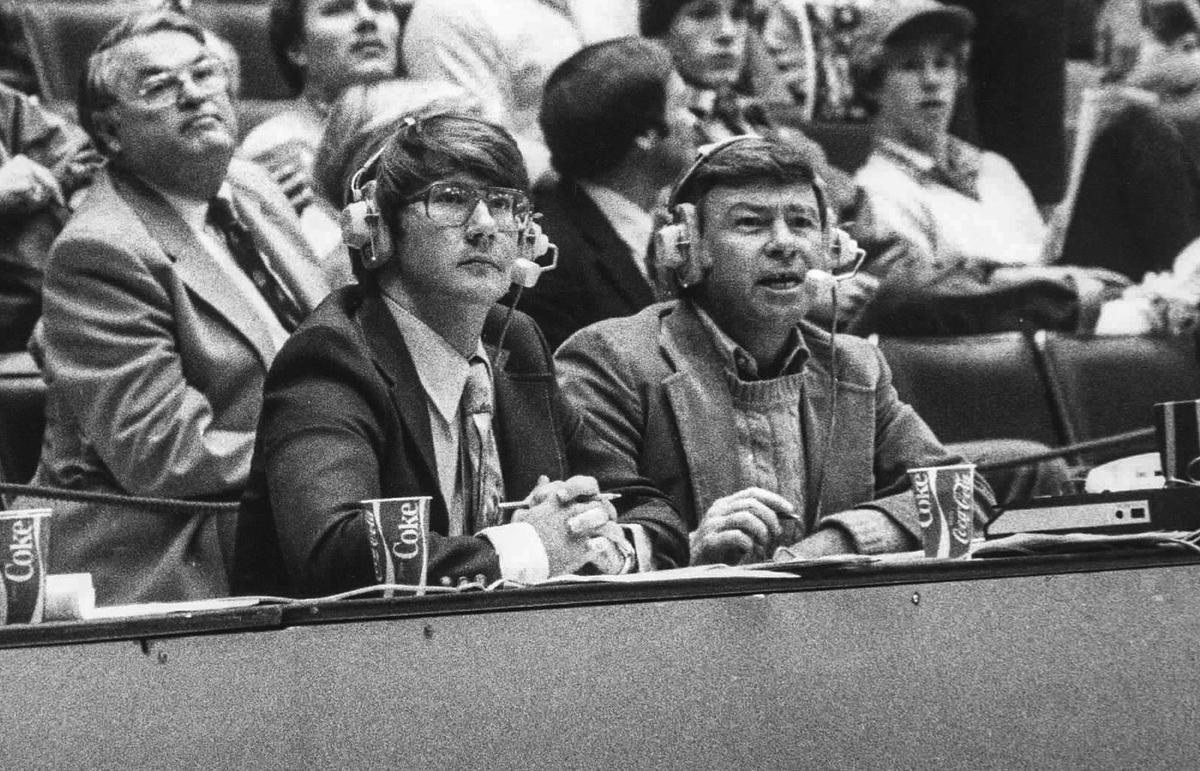 Tim Bourret in 1981 with the late Jim Phillips, Clemson broadcasting legend