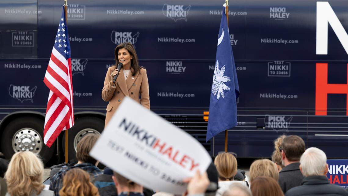 Nikki Haley speaks during a campaign stop in Camden on Monday, Feb.19, 2024