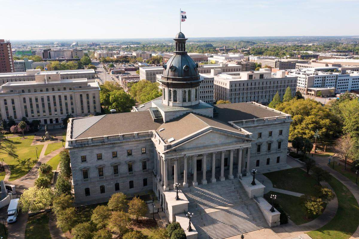 The University of South Carolina Gamecocks flag flies atop the State House in Columbia, SC, April 4, 2022, in celebration of the womens basketball team winning the 2022 NCAA National Championship.