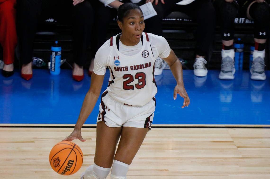 South Carolina Gamecocks guard Bree Hall (23) plays Maryland at the Bon Secours Wellness Arena in Greenville, South Carolina on Monday, March 27, 2023.