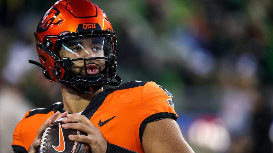 Oregon State Beavers quarterback DJ Uiagalelei warm ups before the annual rivalry game against Oregon on Friday, Nov. 24, 2023 at Autzen Stadium in Eugene, Ore.