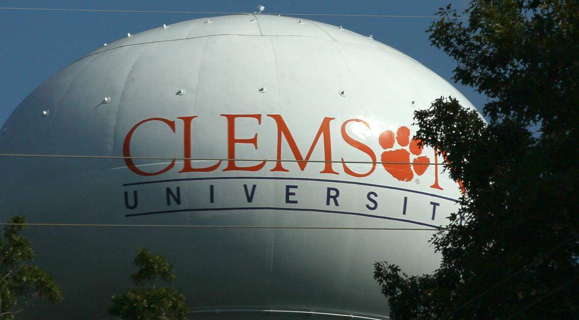 A water tower on State Highway 123 in Seneca entering the North end of Clemson University is branded with a logo, and trademark tiger paw.