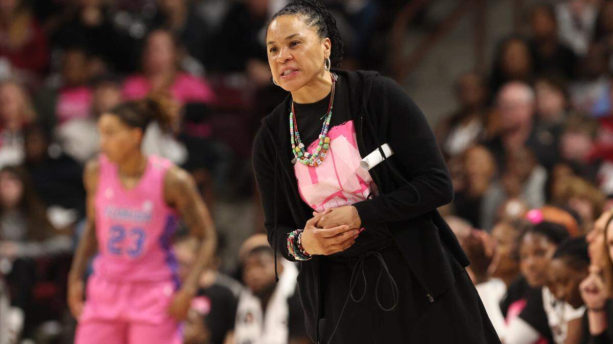 University of South Carolina Head Coach Dawn Staley watches the Gamecocks during the first half of action against Florida in the Colonial Life Arena on Thursday, Feb. 13, 2025.
