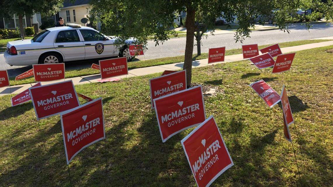 Emma Scott, an intern for Catherine Templeton's gubernatorial campaign, reported to the police that her yard was littered with campaign signs supporting South Carolina Gov. Henry McMaster, on Saturday, May 12, 2018.