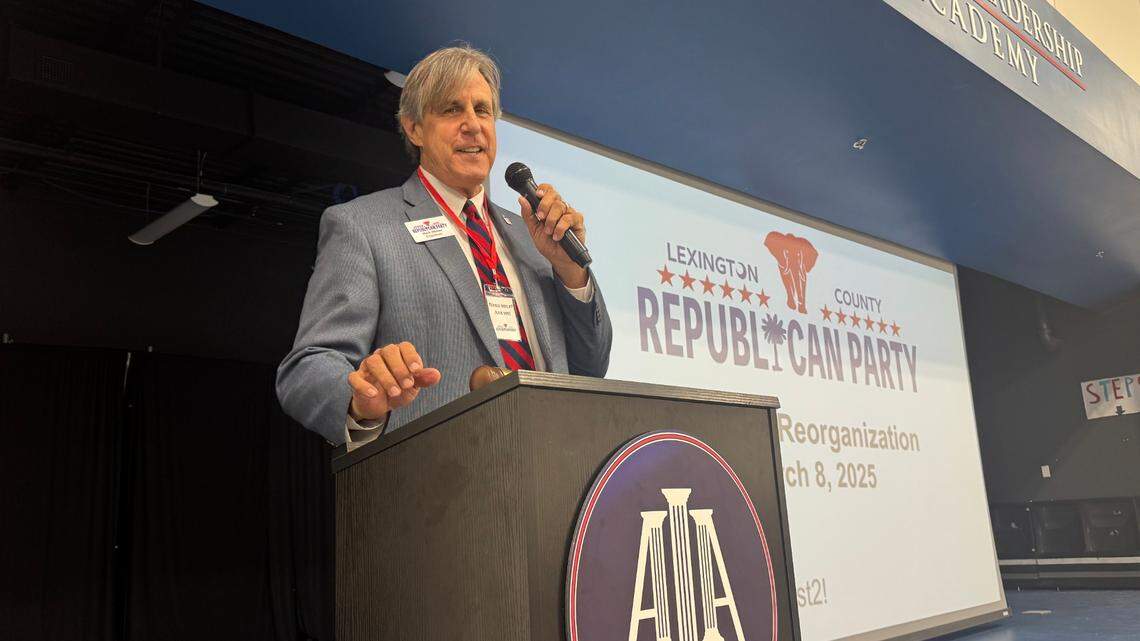 Lexington County Republican Party Chairman Mark Weber speaks at the party’s reorganization on Saturday, March 8, 2025.