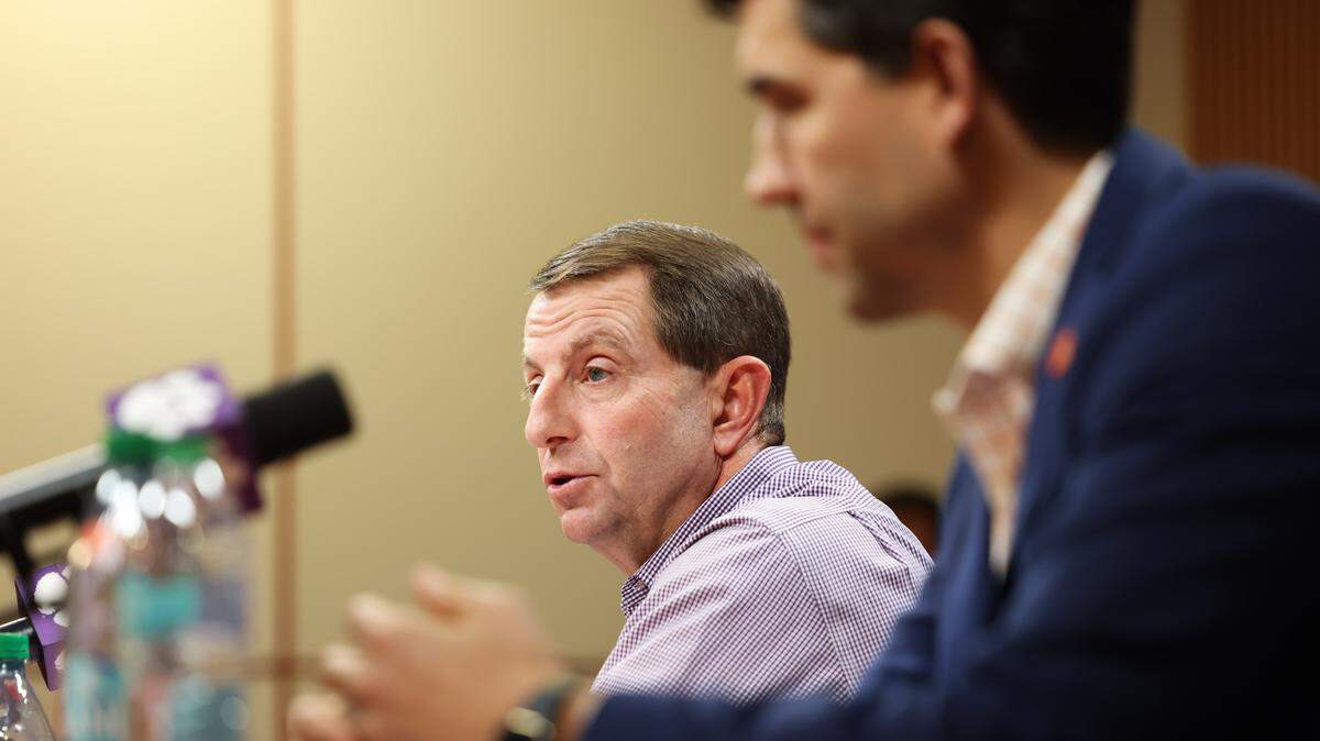 Clemson football coach Dabo Swinney (left) and athletic director Graham Neff (right) in January
