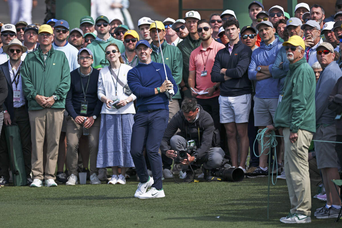 Rory McIlroy of Northern Ireland chips onto the second green during the first round of the 2026 Masters Tournament at Augusta National Golf Club on April 9, in Augusta, Georgia.