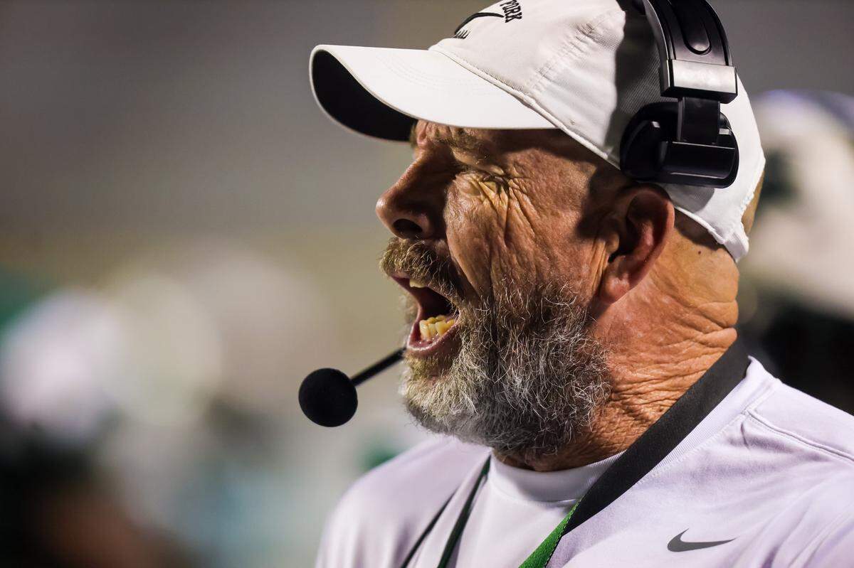 Dutch Fork Silver Foxes head coach Tom Knotts directs his team during the 5A State Championship Game on Dec. 1, 2023, at South Carolina State’s Oliver Dawson Stadium in Orangeburg, SC.