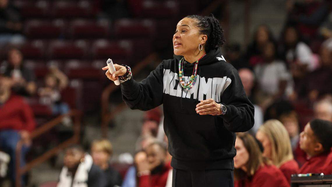 University of South Carolina Head Coach Dawn Staley yells to her team during the first half of action against Charleston Southern in the Colonial Life Arena on Thursday, Dec.19, 2024.