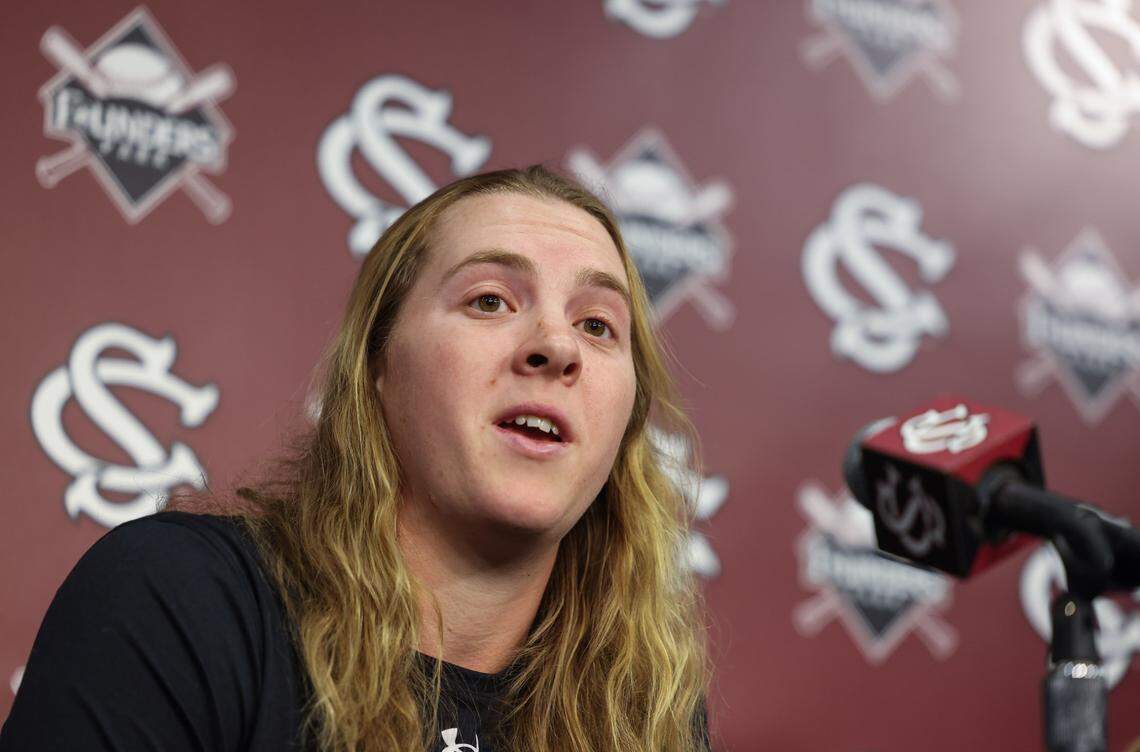 South Carolina softball pitcher Sam Gress answers questions during Media Day at Founders Park in Columbia on Friday, January 24, 2025.