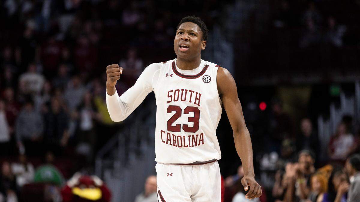 South Carolina Gamecocks forward Gregory “GG” Jackson II (23) reacts after the Gamecocks took the lead during South Carolina’s game against the visiting Razorbacks at Colonial Life Arena in Columbia on Saturday, February 4, 2023.