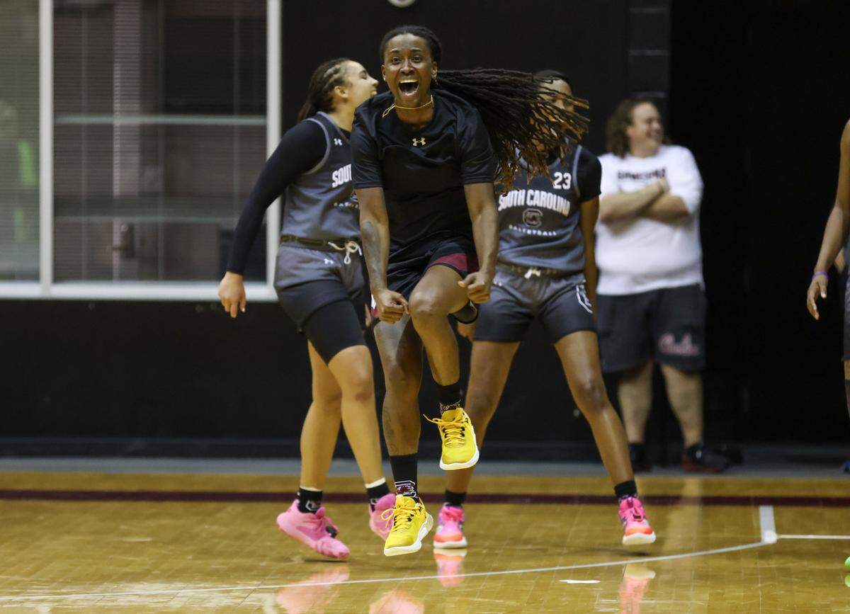 South Carolina assistant coach Khadijah Sessions reacts to a shot during practice at Carolina Coliseum in Columbia on Thursday, September 28, 2023.