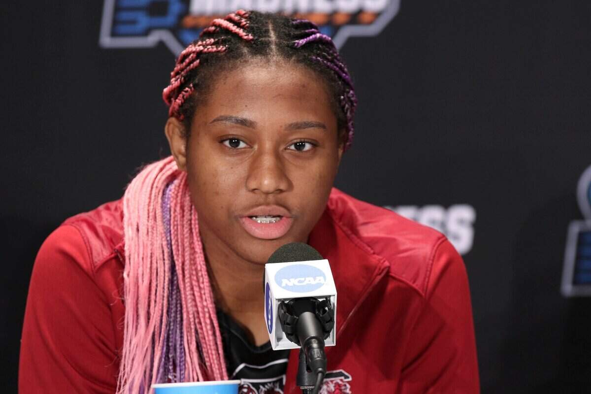 South Carolina’s Aliyah Boston (4) during a press conference in advance of the Site Eight game against Creighton at the Greensboro Coliseum on Saturday, March 26, 2022.
