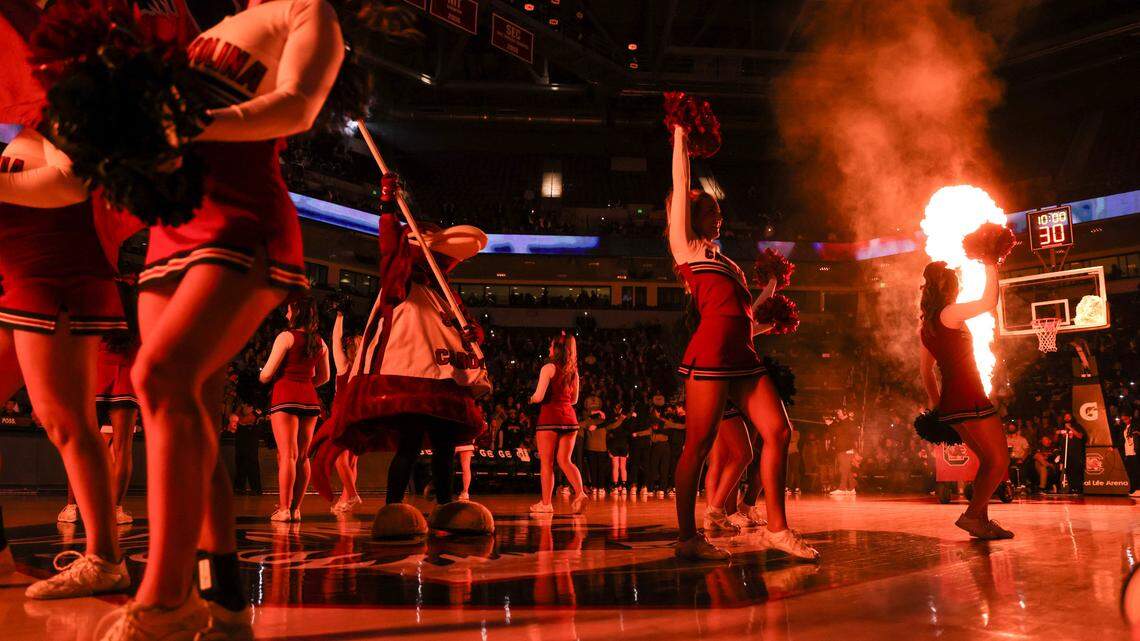 South Carolina cheerleaders welcome players on the court before the Gamecocks’ game against Missouri at Colonial Life Arena in Columbia on Thursday, February 8, 2024.
