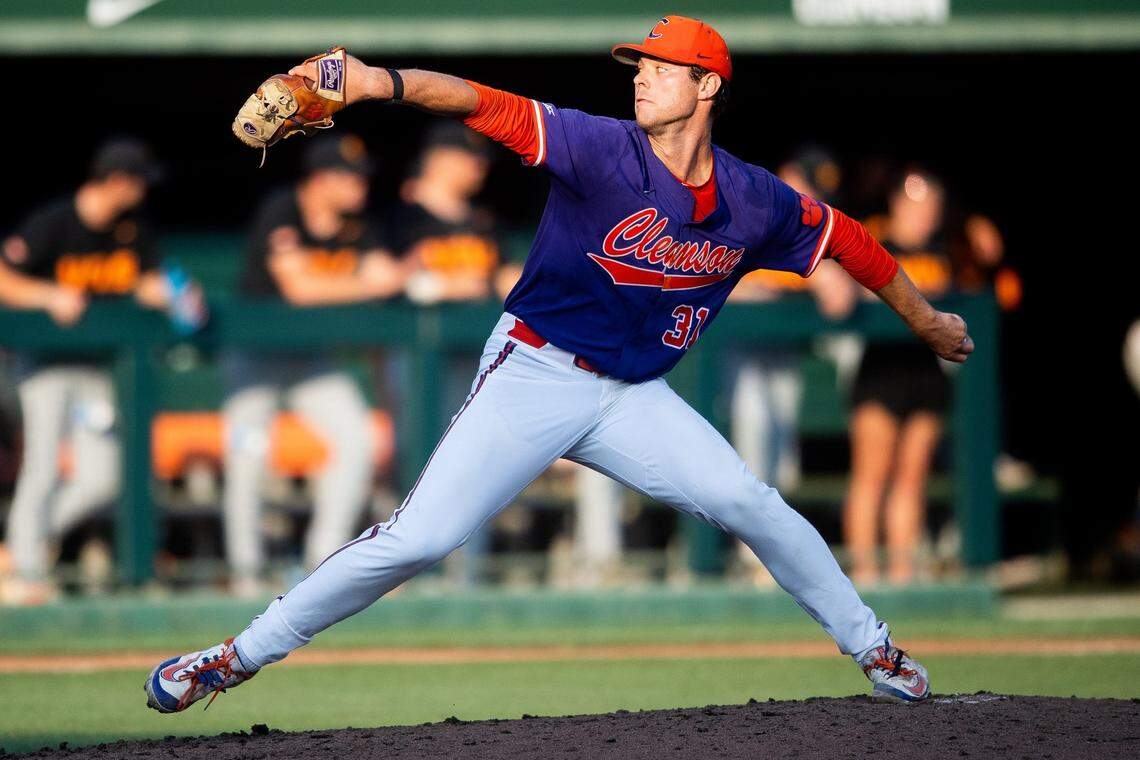 Clemson’s Caden Grice (31) throws a pitch during a NCAA baseball regional game between Tennessee and Clemson held at Doug Kingsmore Stadium in Clemson, S.C., on Saturday, June 3, 2023.